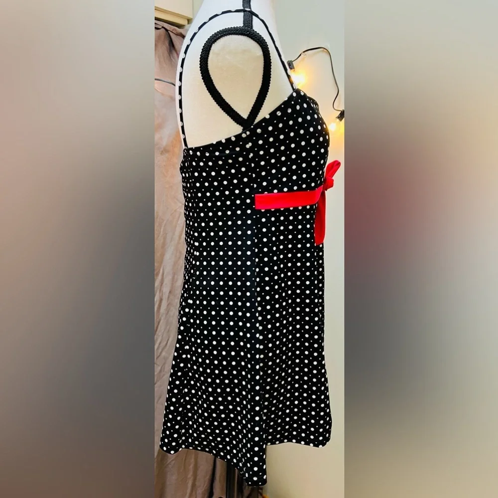 Black Polka Dot 1-Piece Skirted Swim Dresswith Red Front Tie by A Shore Fit - Picture 2 of 13